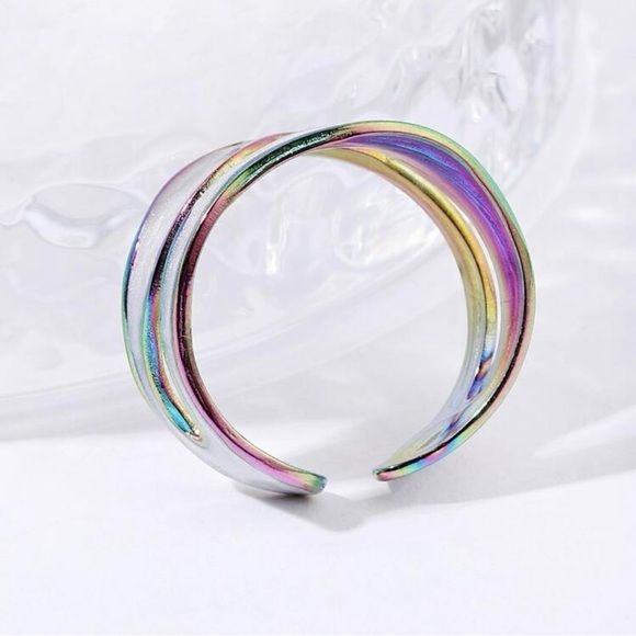 Iridescent Colorful White and Silver Wave Cuff Ring - Picture 3 of 3